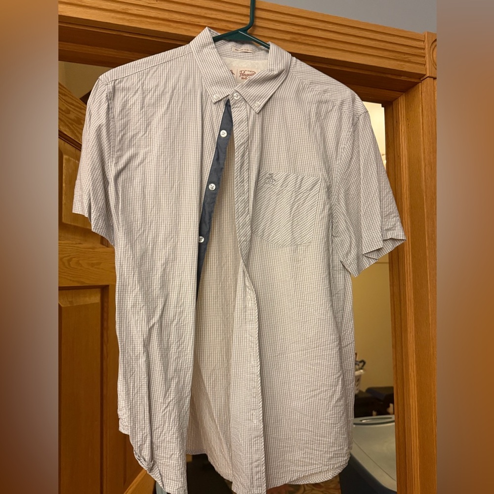 Men’s penguin Button down grey and white plaid shirt